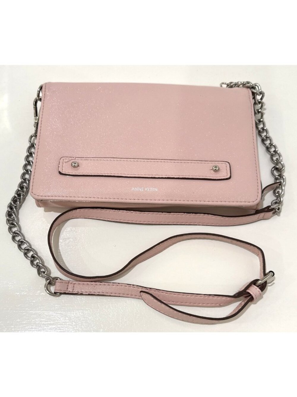 Anne Klein Blush Pink Crossbody Stud Accent Chain Faux Leather Strap Bag Purse